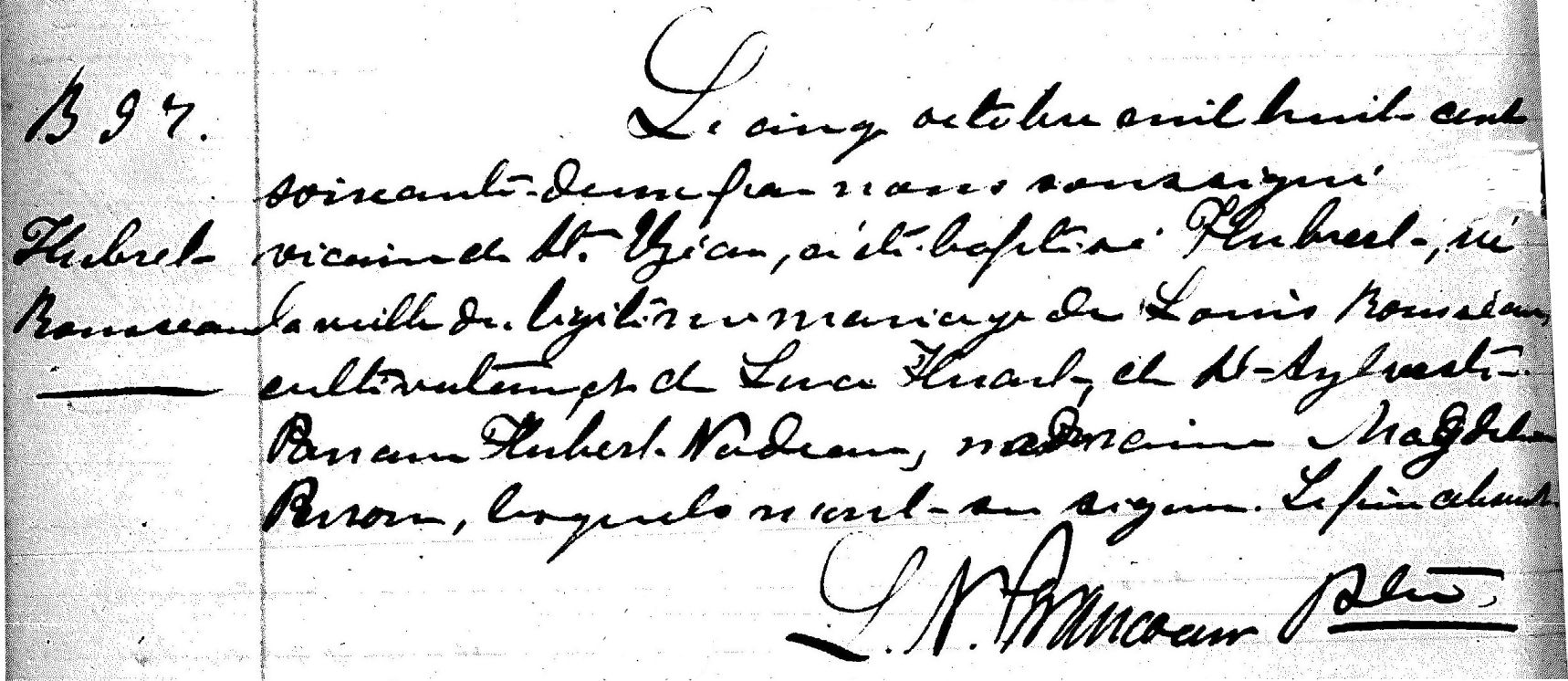 Records for Paroisse St. Elezar showing Baptism Entry for Hubert Rousseau